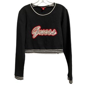 Guess Logo Pullover Sweater Size M Sequins Graphic Black Cropped Sweatshirt Y2K